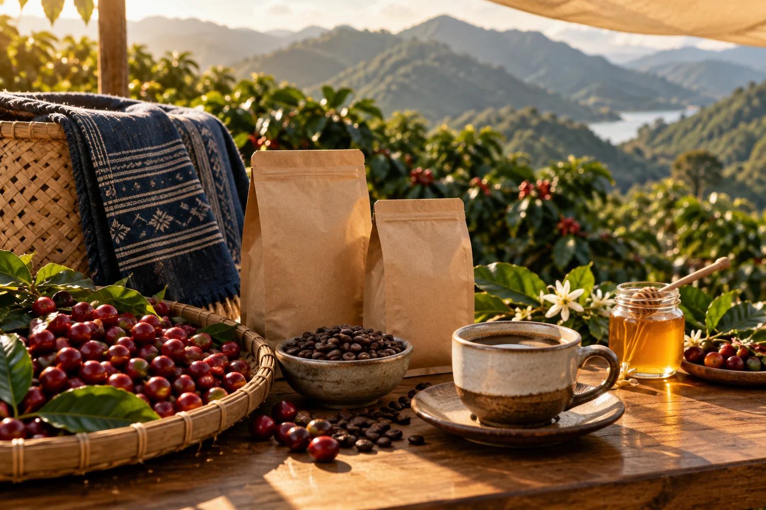 Minh họa cà phê Arabica, mật ong và sản phẩm thủ công giữa sắc xanh núi rừng Sơn La